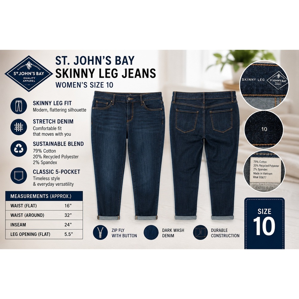St. Johns Bay Womens Skinny Leg Jeans Size 10 Dark Wash Stretch Denim‎ RN 93677